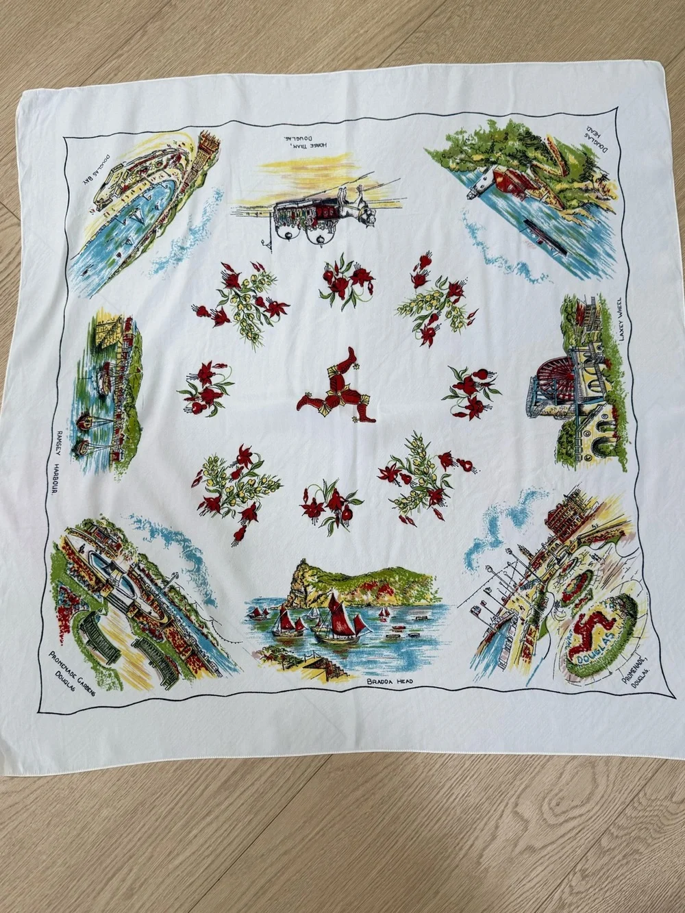 Vintage Isle of Man Souvenir Scarf 27” Bradda Head Douglas Travel Print